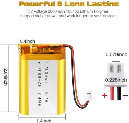 NCM Rechargeable Li Ion Battery 3.7v 2000mah / Lithium Ion Battery Connector JST
